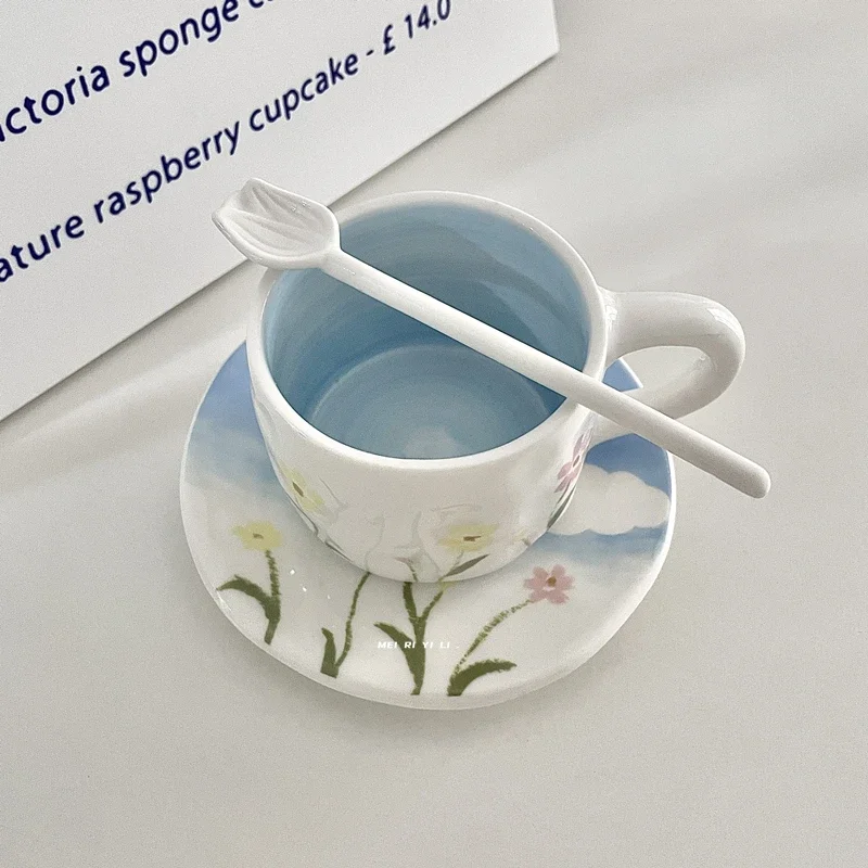 Creative Flower Ceramic Coffee Cup,Dish Spoon Set,High-end,Breakfast Milk Coffee Mug,Couple Water Cup,Birthday Gift Tea Cup Set