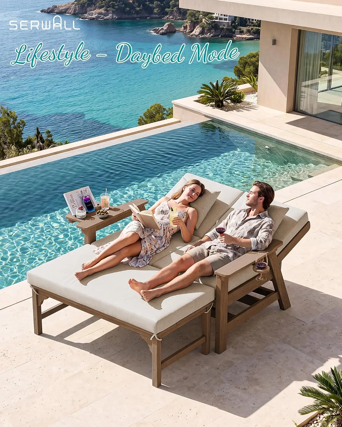 2-in-1 HDPE Outdoor Sofa Daybed with Cushions & Ottoman Table Set | 4-Position Reclining Convertible Patio Lounge, Customized
