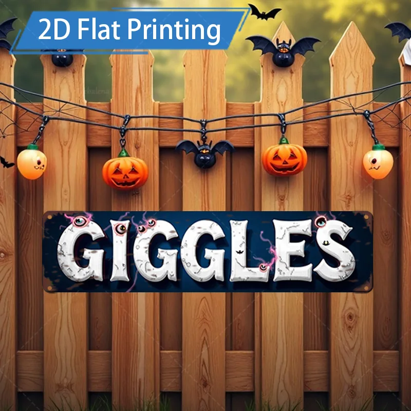 1 قطعة علامة معدنية ، 4x16 بوصة هالوين Giggles 2D علامة الطباعة المسطحة ، مخيف اليقطين الخفافيش ديكور للسياج