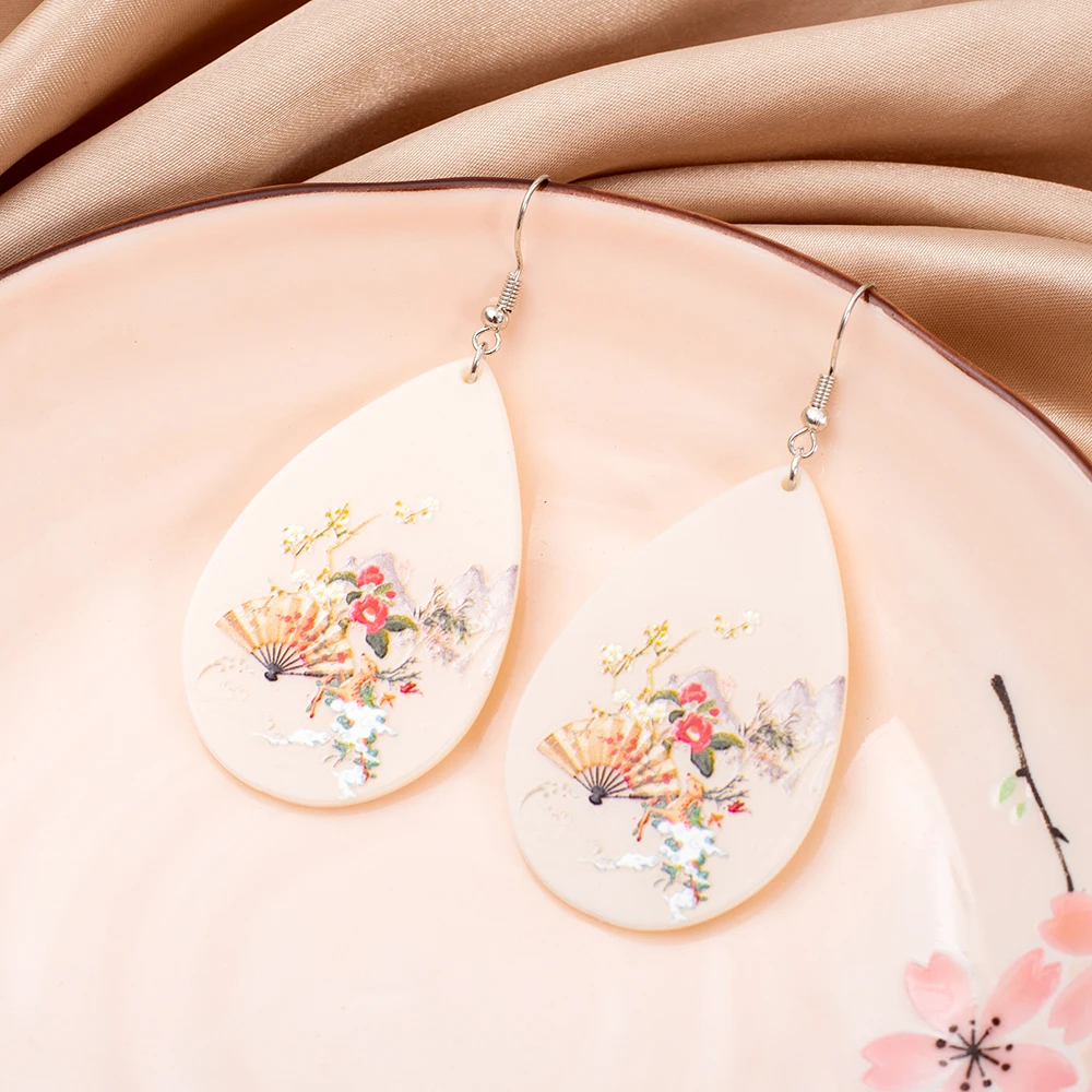 New Oriental Ethnic Style Fan Flowers Landscape Painting Pattern Acrylic Water Drop Earrings For Women Aesthetic Girls Jewelry