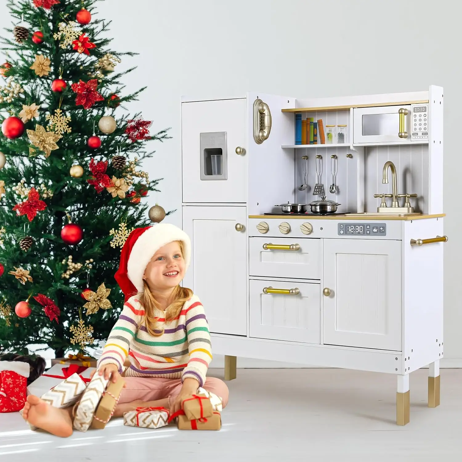 Cucina da gioco per bambini, set da cucina finta in età prescolare, set da cucina in legno con luce e suono realistici, telefono, fornello, Fridg