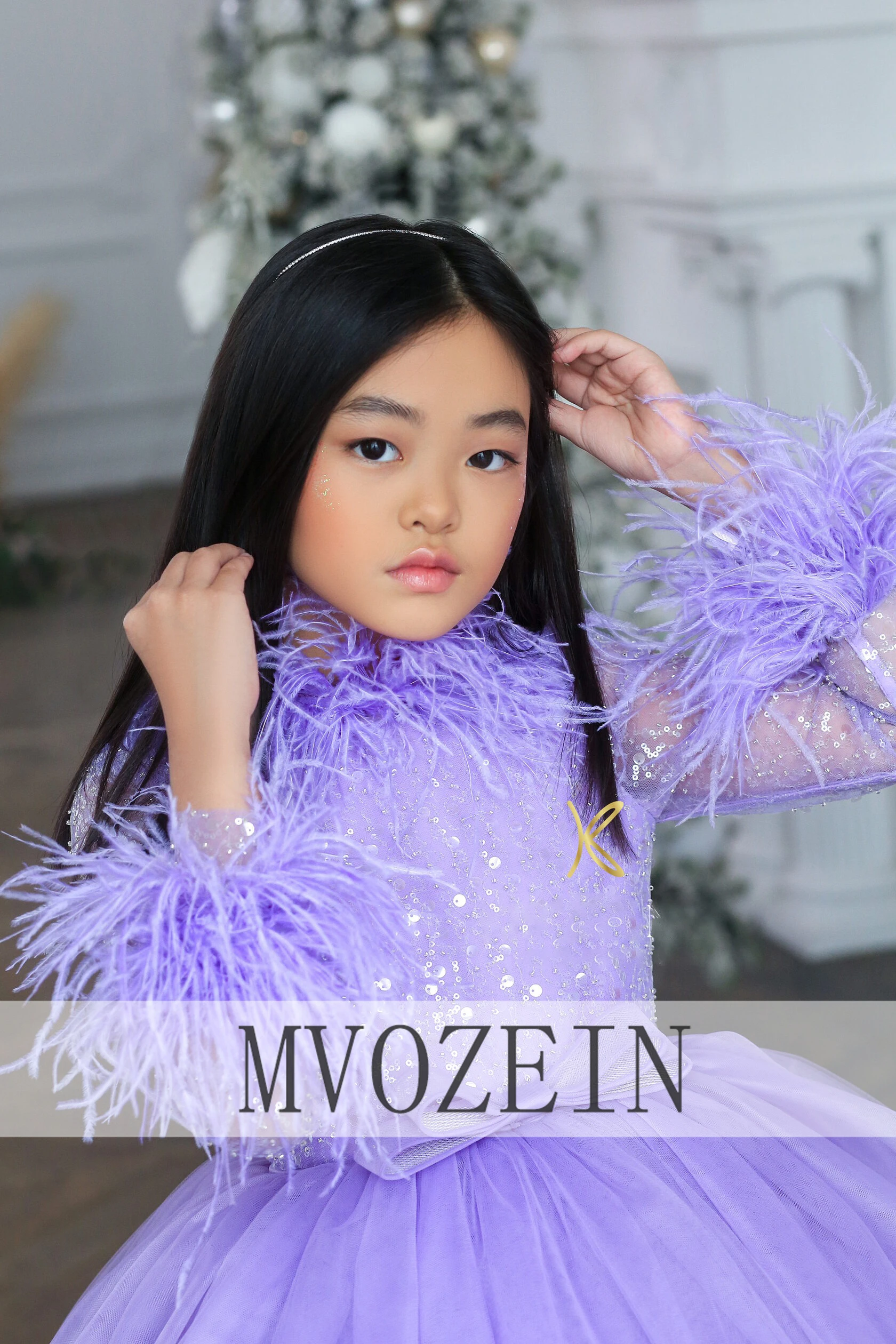 MVOZEIN Lavender Sequin Flower Girl Dress Kids' Dresses Feather Long Sleeve Tulle Festive Dress for Girl Wedding Birthday Party