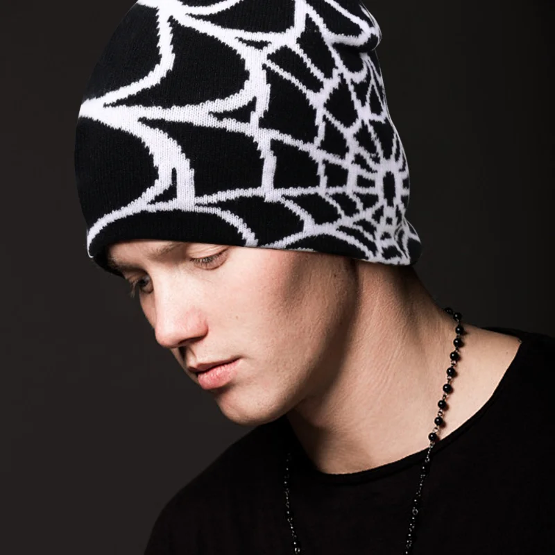 Skullies Beanies Y2K Gothic Cobweb Jacquard Knit Caps New Net Red Design Sense Cold Hats Hip Hop Warm Woolen Hat Women Men