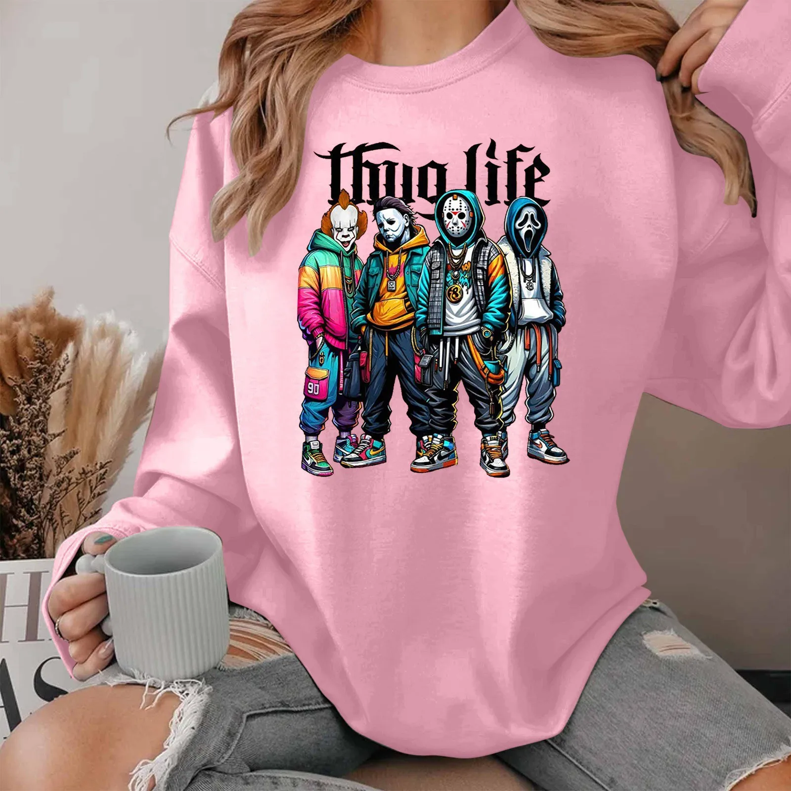 

2024 Halloween Print Pullover For Women New Fashion Autumn And Winter Graphic Ladies Creative Personalized Hoodless Sweatshirts