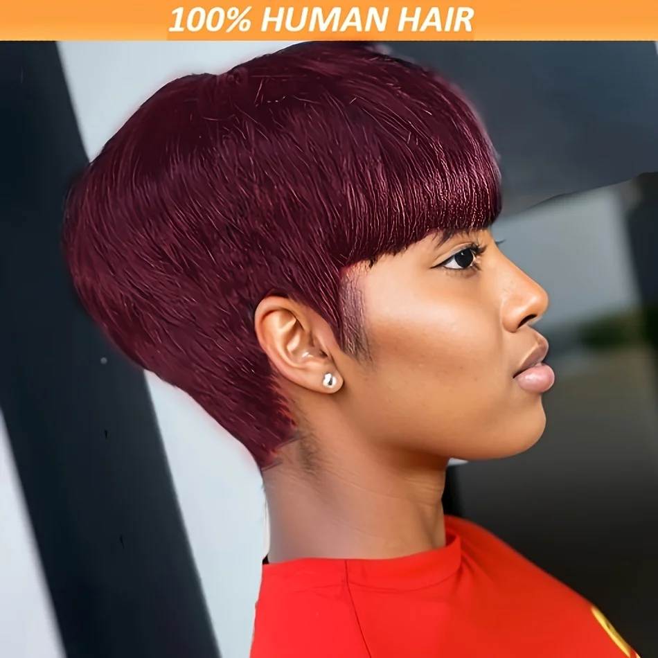 machine made black/99j/4 color 150% density human hair wig for women short straight pixie cut human hair wig 6inch remy hair