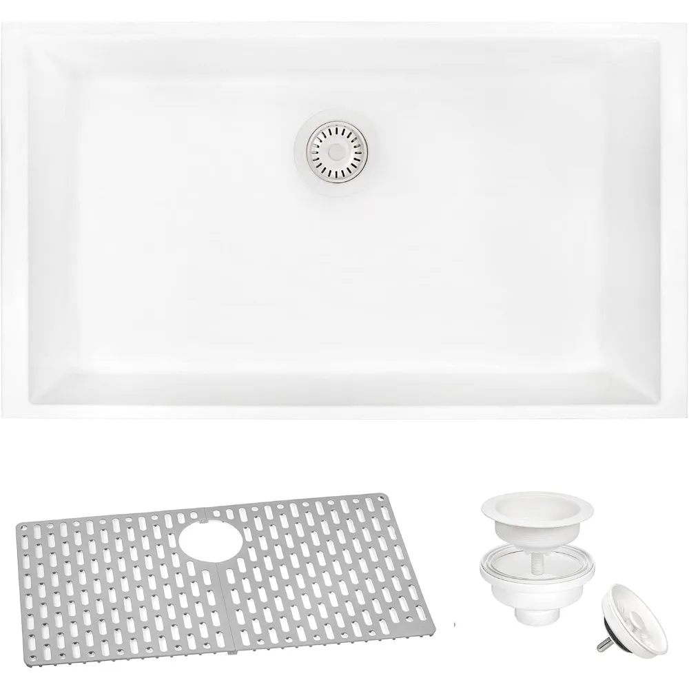 30 X 17 Inch Granite Composite Undermount Single Bowl Kitchen Sink - Arctic White - Stainless Steel Kitchen Sinks Multifunction