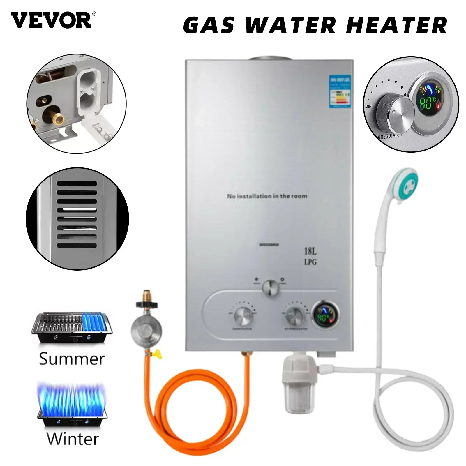 VEVOR 6L 8L 10L 12L 16L 18L LPG  LPG Gas Water Heater Domestic Instant Tankless Propane Tankless Gas Water Heater