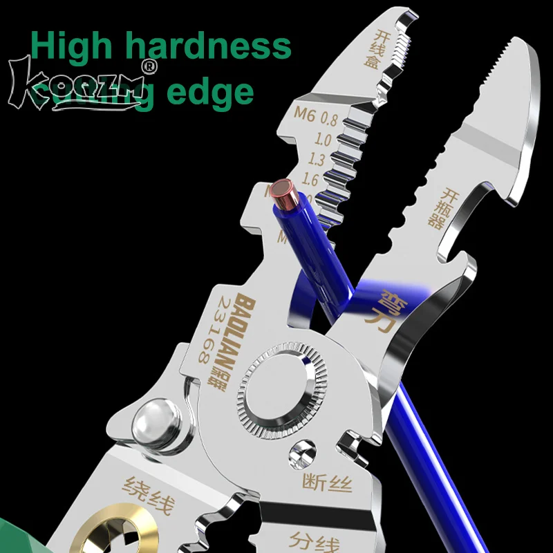 Wielofunkcyjne narzędzie do ściągania izolacji z przewodów z piórem testowym elektrycznym, obcinakiem do kabli, zaciskarką i testerem.