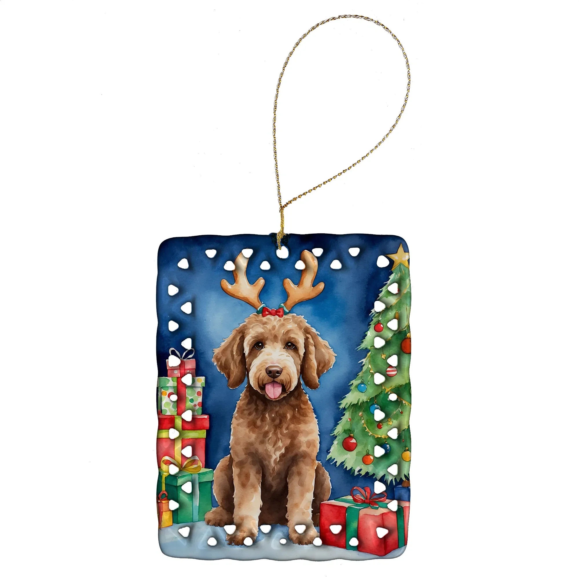 

Labradoodle Christmas Reindeer Porcelain Ornament Christmas Tree Hanging Decorations for Home Christmas Holiday, Rectangle, Gift