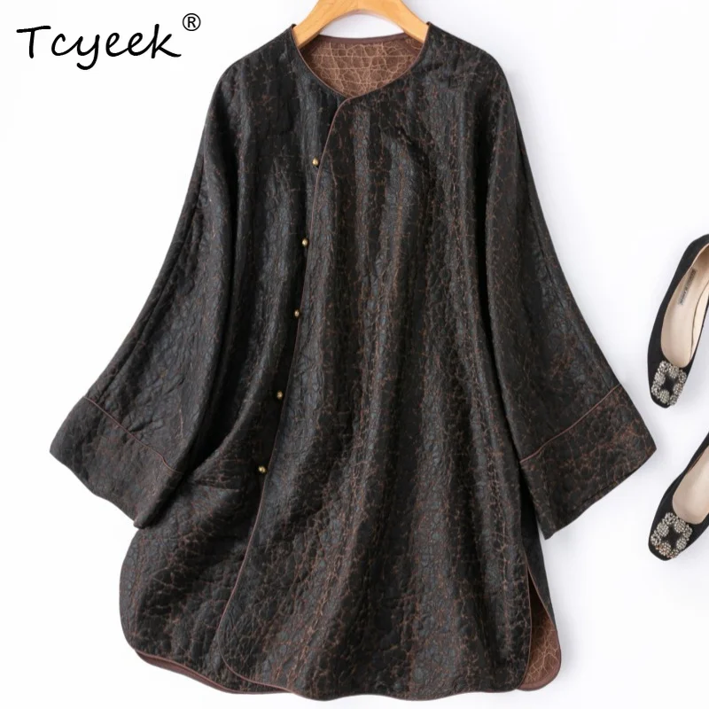 

Tcyeek 100% Real Silk Womens Tops 2026 Spring Skin Friendly Dark Brown Textured Mid-length Shirts Female Clothes Рубашка Женская
