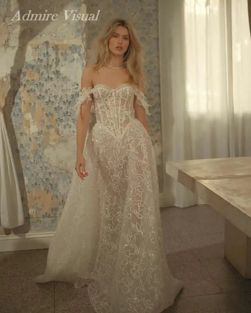 ใหม่ล่าสุดชุดแต่งงาน A-Line ลูกไม้ Sweetheart คอรัดตัวปิดไหล่ชุดเจ้าสาวที่กําหนดเอง Vestidos De Novias