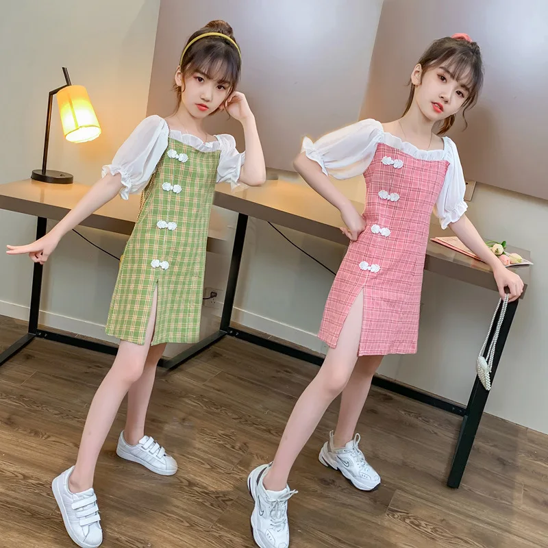 

Summer New Girls Cheongsam Hanfu Clothing Kids Chiffon Tangsuit Children Party Outfits Qipao Wedding Dress Costume Gift