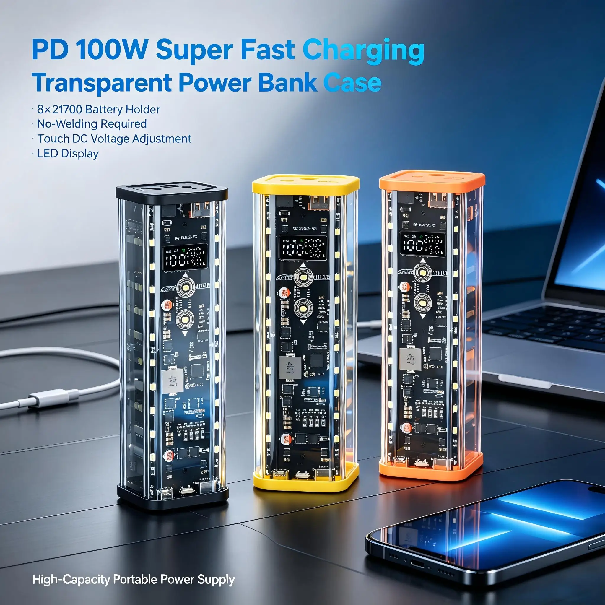 8x21700 Fast Charging Power Bank Case PD 100W Touch Voltage Regulation Solder-Free LED Screen Transparent Battery Storage Box