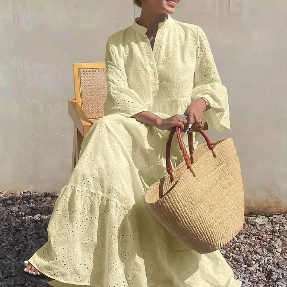 Vintage Women Summer Dress Elegant Loose Fit Midi Style Breathable Fabric Aesthetic Holiday Beach Fashion Casual Clothing