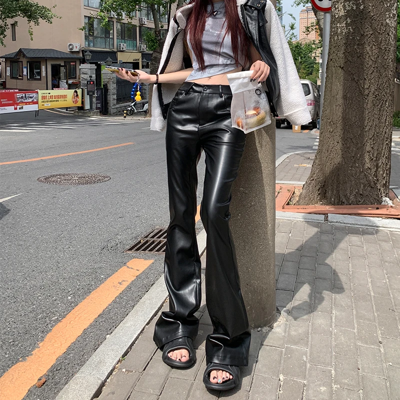 

Spring Autumn Cool Casual Soft Black Pu Leather Floor Length Flare Pants for Women High Waist Korean Style Fashion 2024