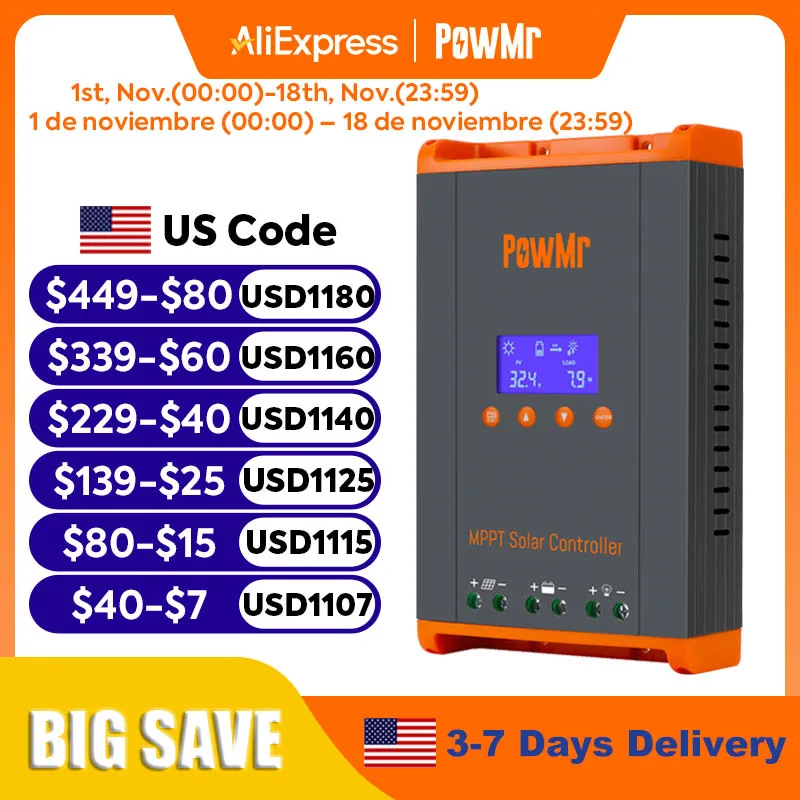 PowMr MPPT 60A Solar Charge Controller 12V 24V 36V 48V Auto Solar Panels Regulator Parallel Up 12 Units For Lead Acid Lithium LiFePO4 Battery