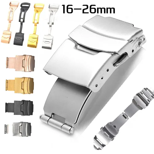 Correa de reloj de acero inoxidable con cierre abatible, cierre desplegable de mariposa, hebilla desplegable plegable para reloj, 16mm, 18mm, 20mm, 22mm, 24mm y 26mm