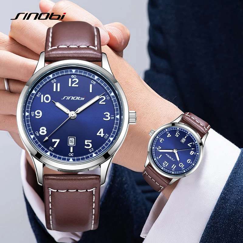 SINOBI Fashion Design Men\'s Watches Original Leather Strap Man\'s Quartz Wristwatches Top Luxury Male Best Gifts Luminous Clock