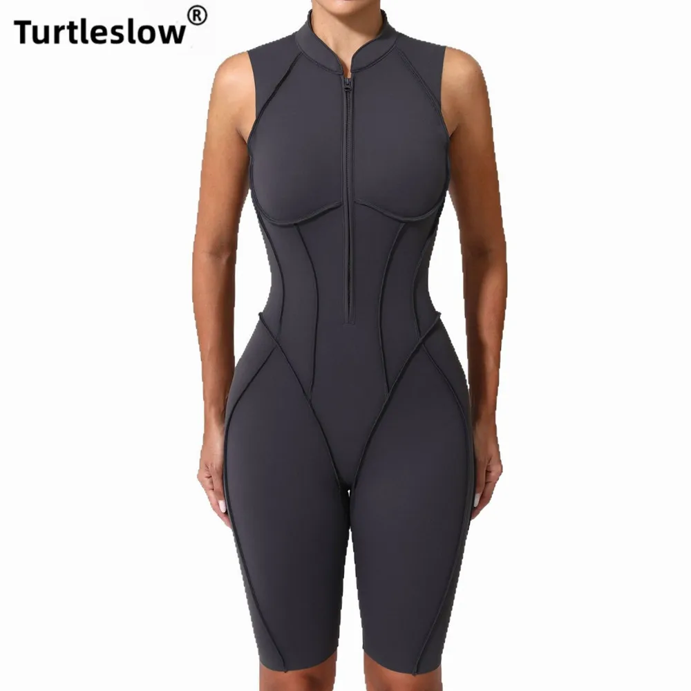 Jumpsuit Yoga Wanita Ritsleting Depan Seksi Pakaian Olahraga Kebugaran Cepat Kering Lembut Tanpa Lengan Punggung Berongga Cantik