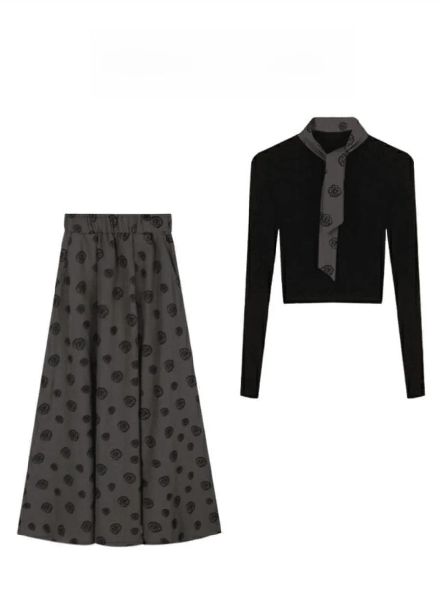 

Женский модный комплект: топ с V-образным вырезом и длинными рукавами, юбка с высокой талией, в этническом стиле, осенняя коллекция