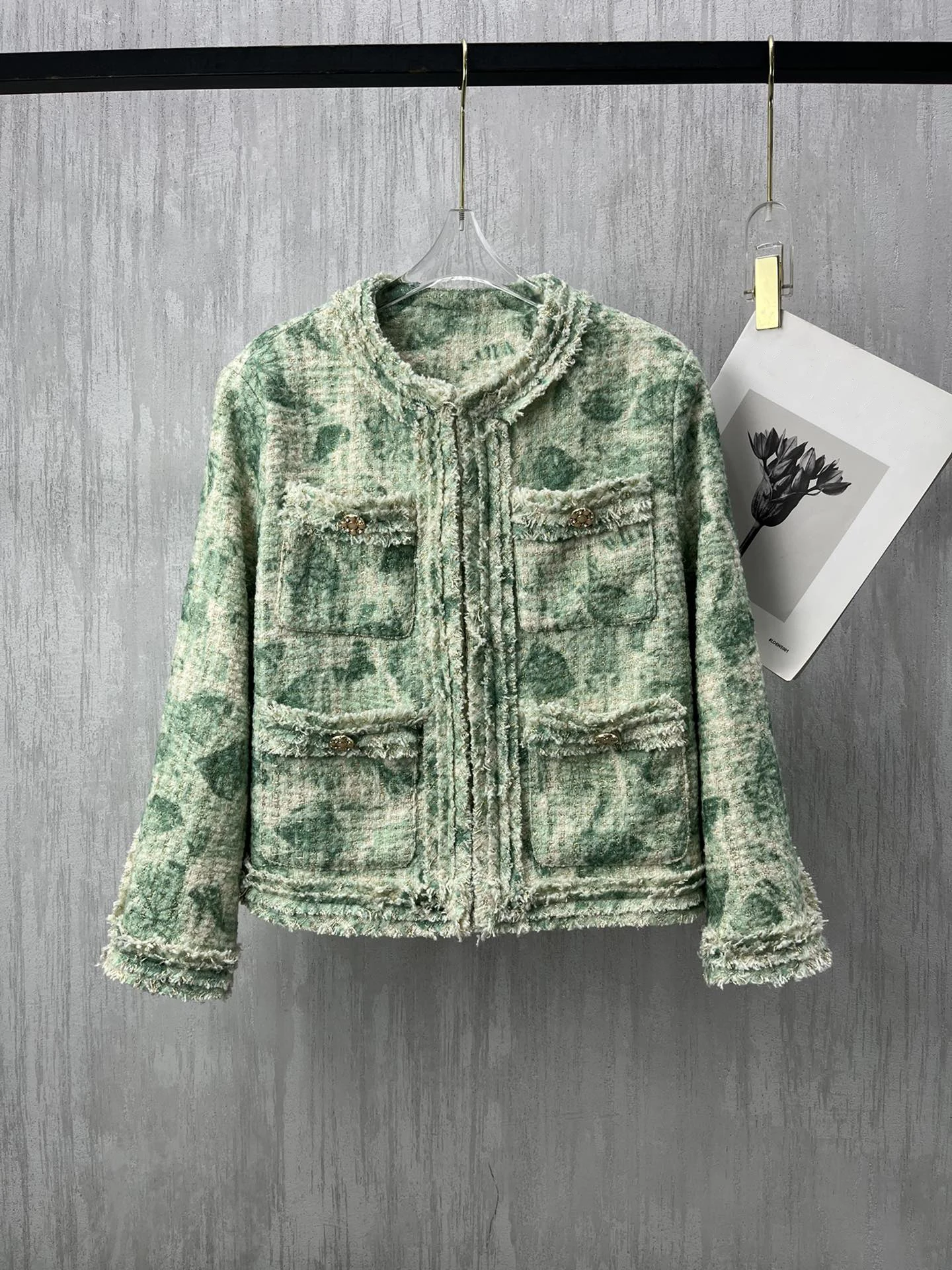 

EVACANDIS Autumn Winter Women New Green Tweed Coat with Pockets High Quality O-Neck Runway Jacket Elegant Chic Vintage Luxury