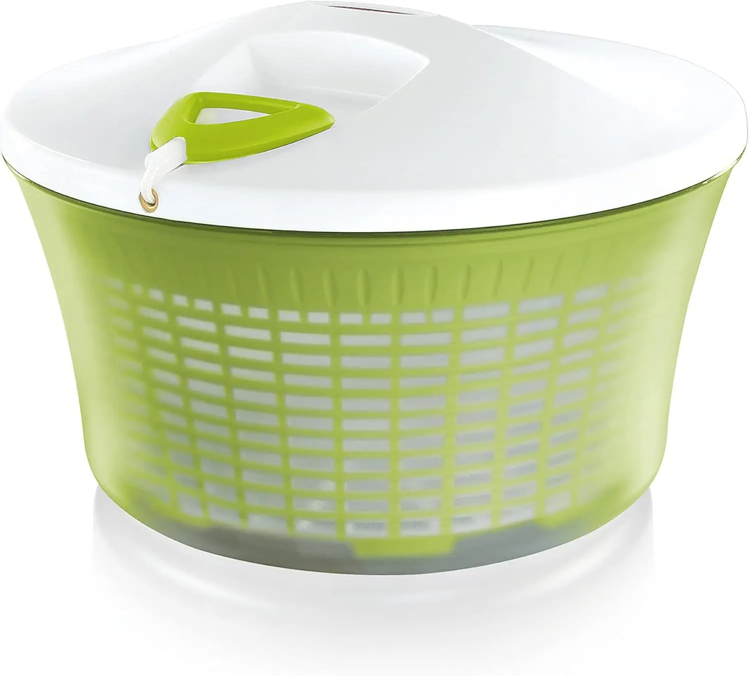 White‑Plastic Salad Spinner, ergonomic for left‑hand and right‑hand use, non‑slip base, gentle fast drying, multi‑use bowl can serve food after salad ingredient processing.
