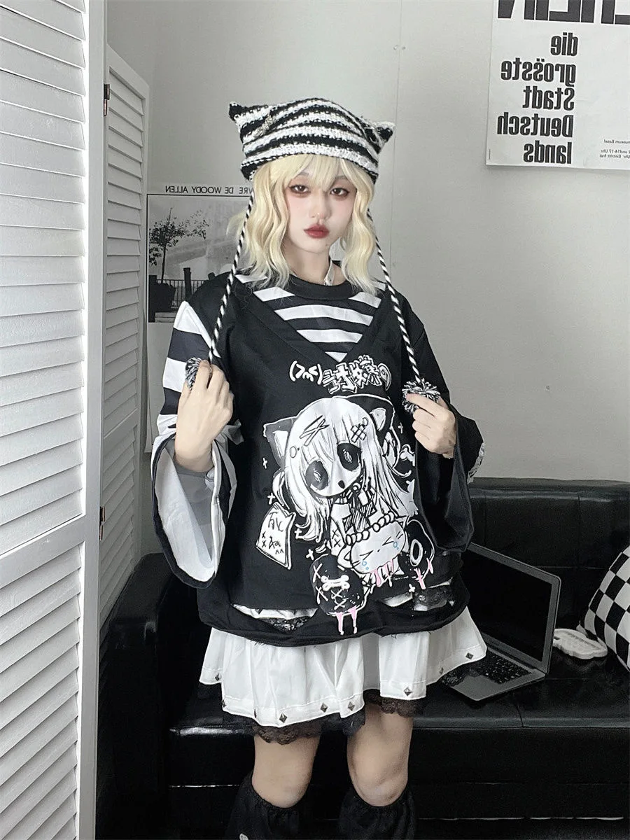 Subculture Punk Long Sleeve Sweatshirts Women Y2k Clothing Harajuku Gothic Striped T-shirts Outwear American Vintage Tops Chic