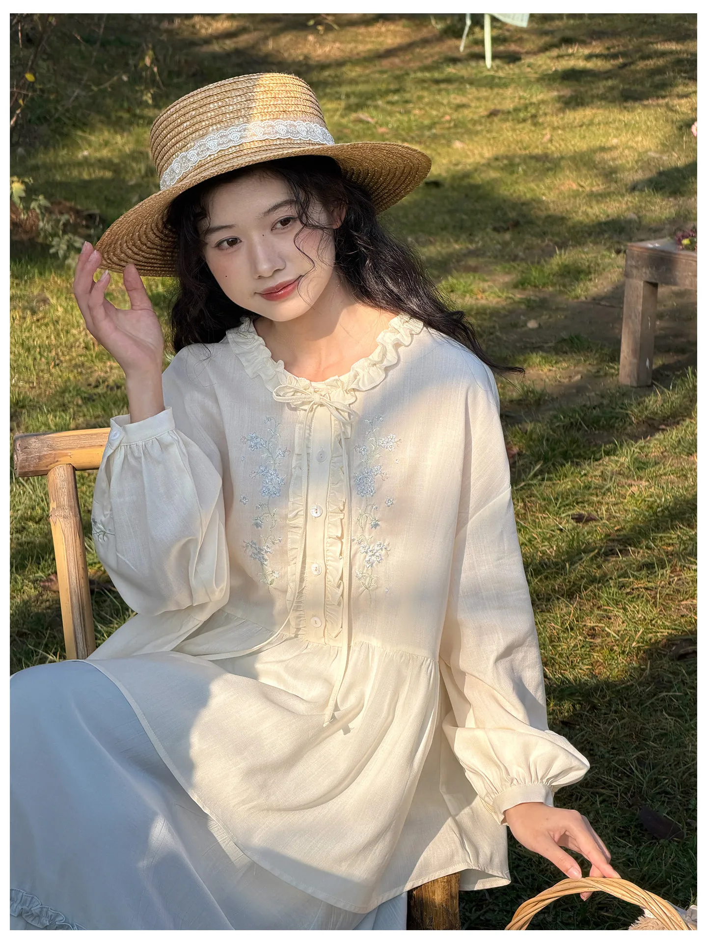 

Свободный художественный комплект из топа и юбки с жемчужной вышивкой, с цветочным узором, в стиле Tea Par Sle, с деревянной отделкой, из дышащего хлопка и льна.