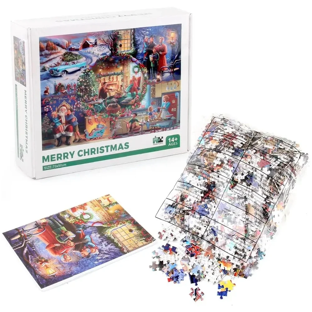 عيد ميلاد سعيد - أحجية الصور المقطوعة مكونة من 1000 قطعة مع سانتا كلوز وعناصر العطلات