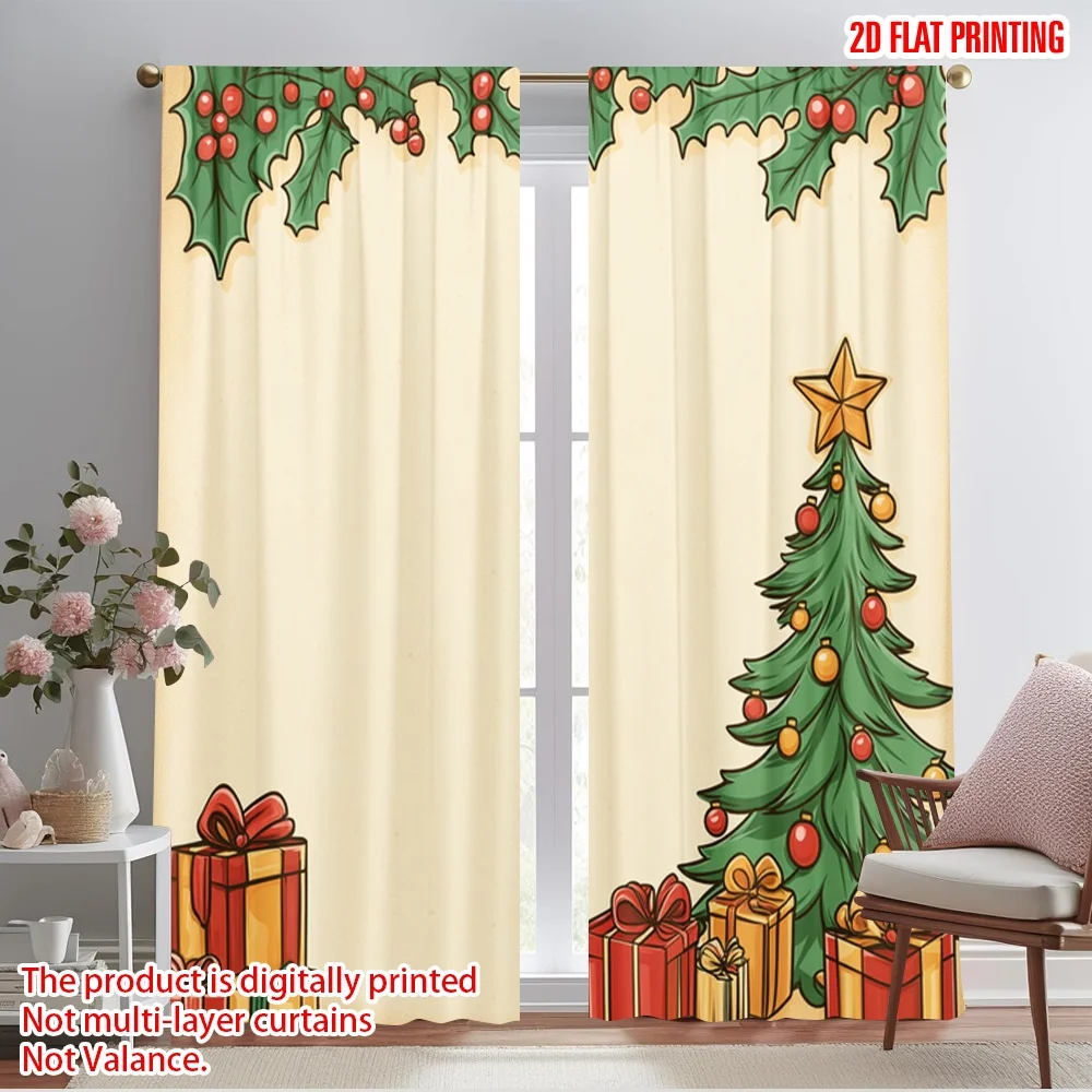 2pcs,2D plane printing Curtains Digital Printed Christmas Tree Gifts Holly Wreath (2) Versatile Fabric (without rod) All Seasons