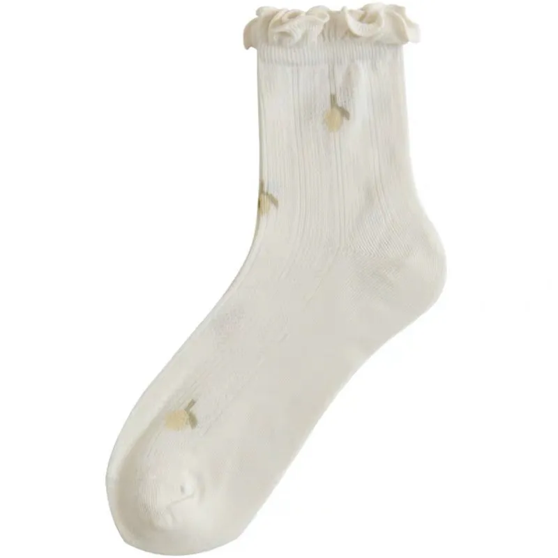 5 pairs of ultra-thin breathable mid-calf socks with spring and summer fruit patterns, versatile mesh socks