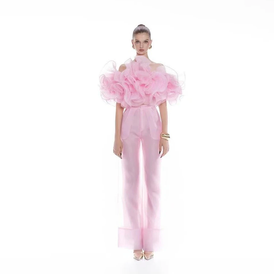 Set Wanita Couture 2 Potong Atasan dan Celana Longgar Gaun Pesta Wanita Blush Pink Ruffle Set Wanita Off Shoulder Maxi Gowns Custom