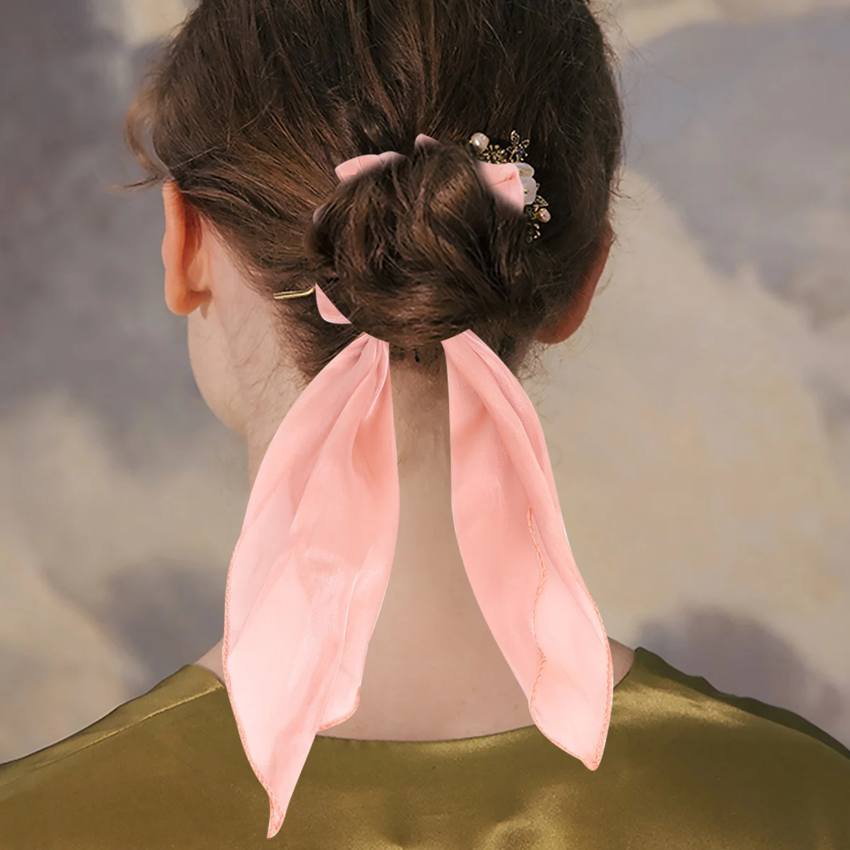 

2 Pcs Hair Ribbons Satin Ring Ponytail Holder Girl Tie Long Silk Scarf Pink Miss