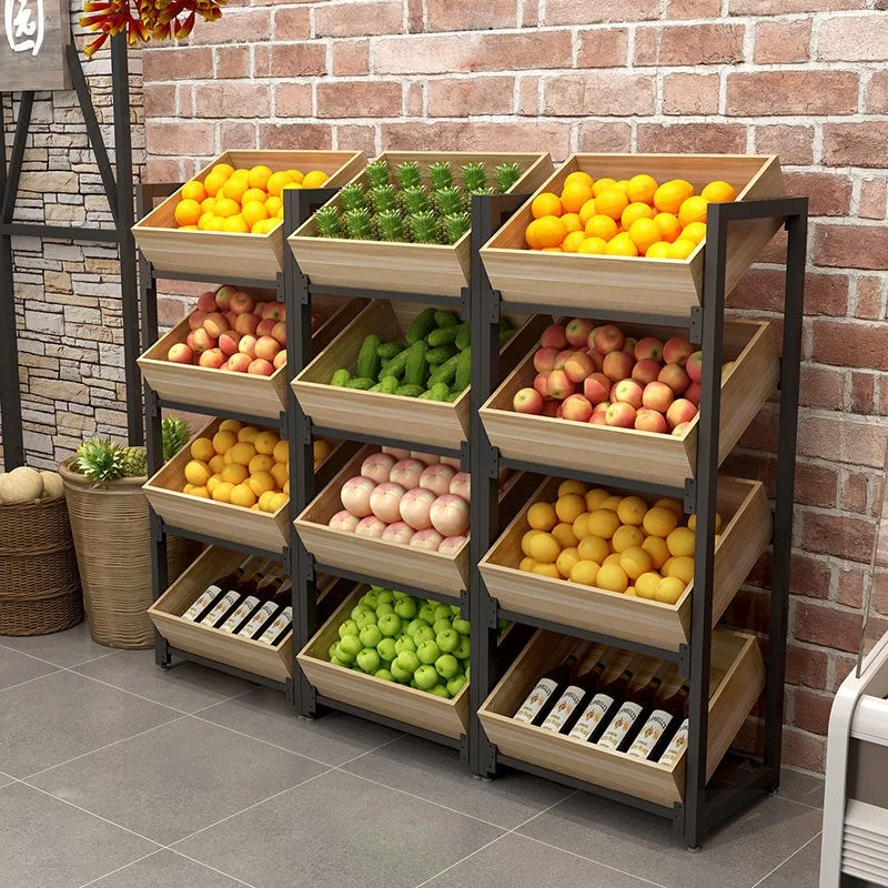 

Fruit rack Vegetable and fruit shelf Display cabinet Multifunctional supermarket shelf Storage rack Steel and wood shelf