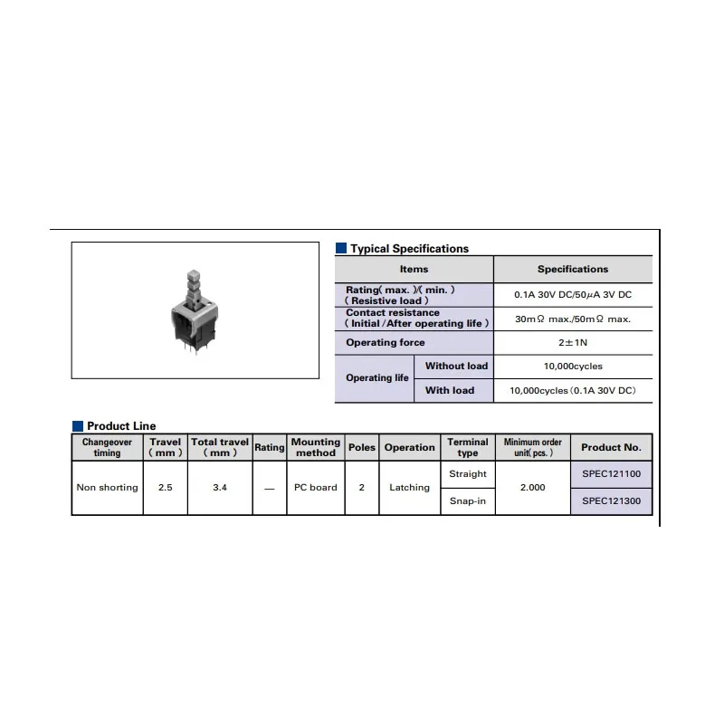 2pcs/lots Taiwan Double Row Vertical 6-pin Pushbutton Switch with  Keypad Tactile Self-Locking  SPEC12HC12-NT1