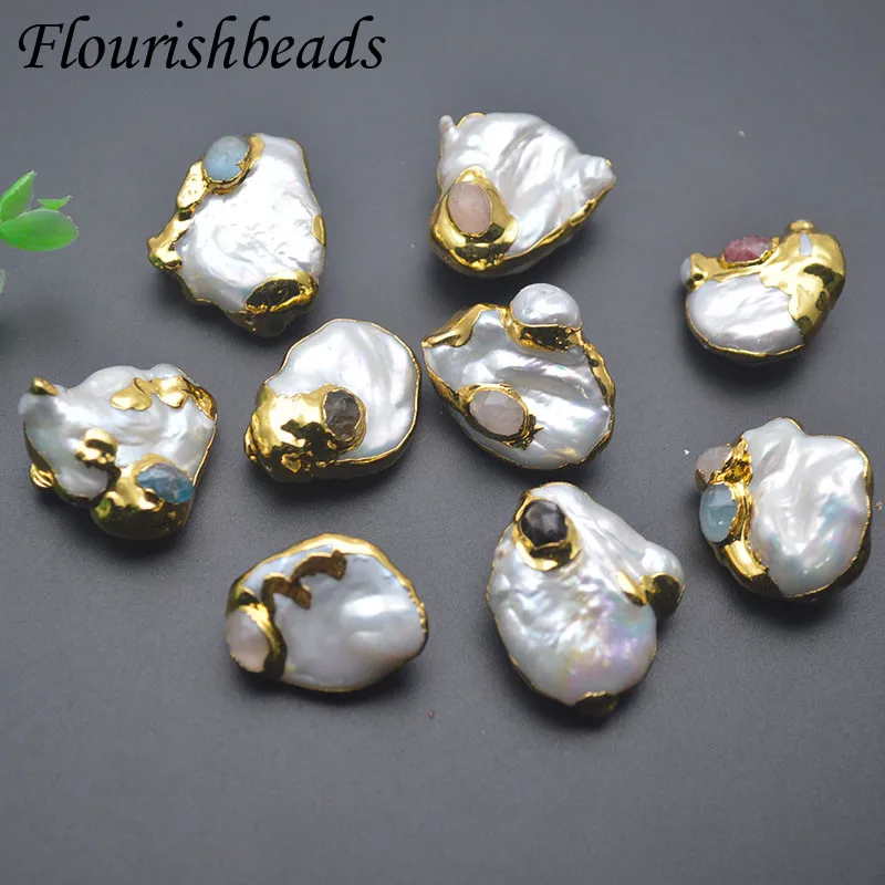 Natural Freshwater Baroque Pearl Paved Crystal Quartz Real Gold Wrapped Through Hole Loose Beads for DIY Jewelry Making