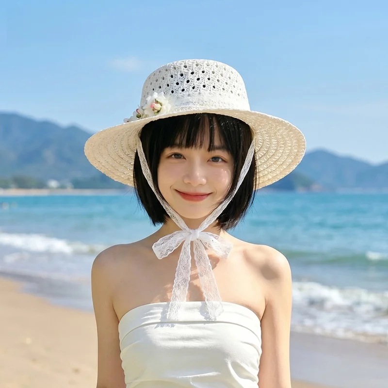 Forest-Style Girly Hollow-Out Woven Sun Hat with Lace Trim and Small Floral Decorations, Breathable Sun Protection Summer Hat, Suitable for Beach Vacation Photoshoots, Sun Protection Bucket Hat