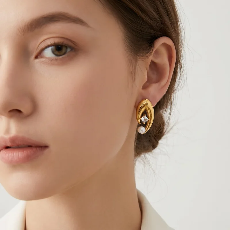 Kalen Abstract Curved Hollow Shell Pearl CZ Stud Earrings for Women Stainless Steel Gold Silver Color Minimalist Drop Jewelry
