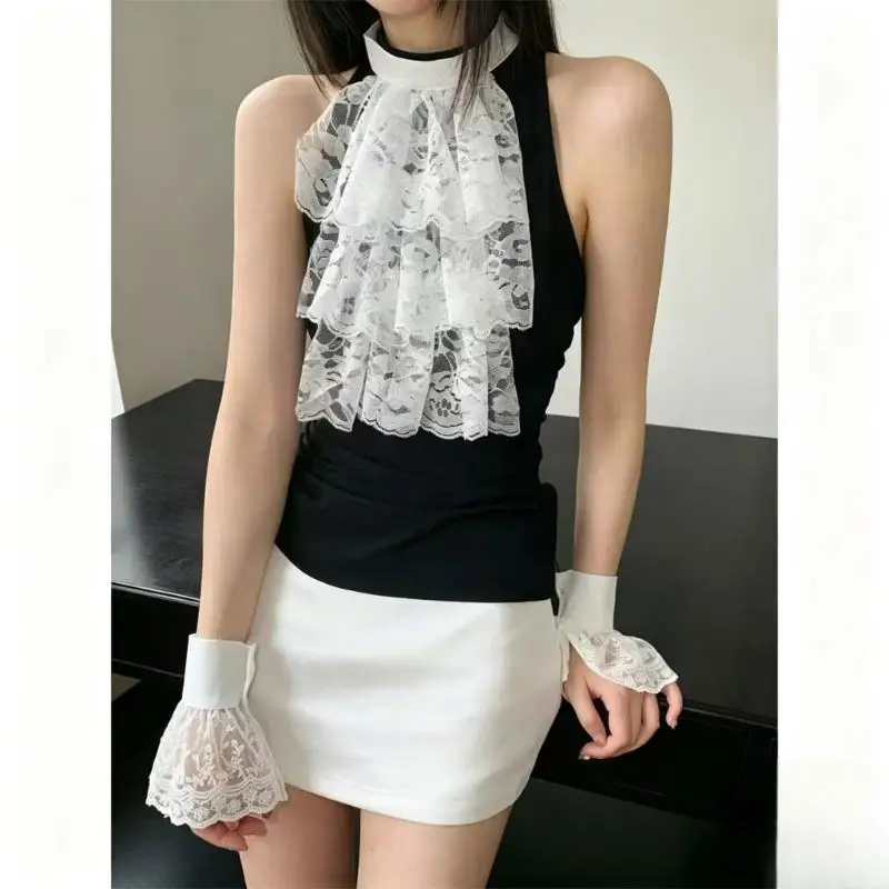31BB Ruffle Faux Collar and Cuffs Sleeves Costume Accessory for Women, White Floral Lace High Neck Overlay for Costume Styling