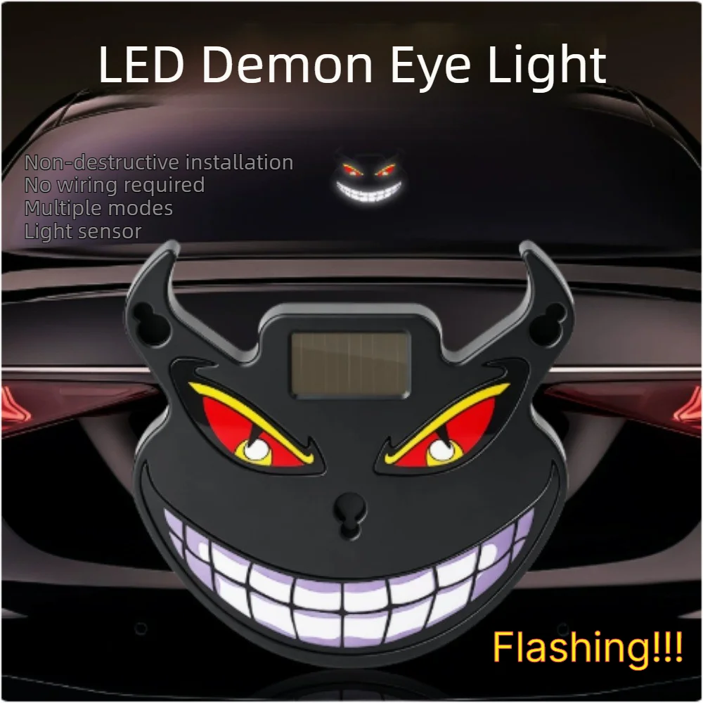1PC Car Devil Eye Smiling Face Solar Warning Light Interior Car Windows Lamp Demon Eye Strobe Decorative Light Atmosphere Light