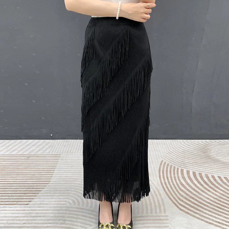 Pleated Elastic Waist Skirt 2026 Summer New Tassel Versatile Simple Casual Elastic Elegant Women Wrinkle-Free Long Skirt