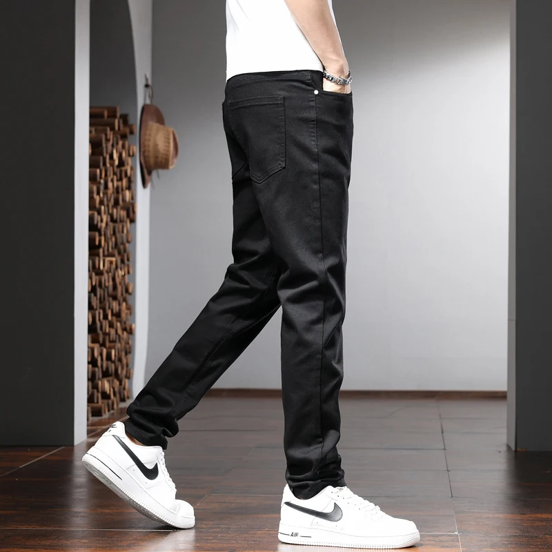 Summer Black Jeans Men Casual Slim Fit Straight Denim Pants Korean Style Simple Solid Color Trousers