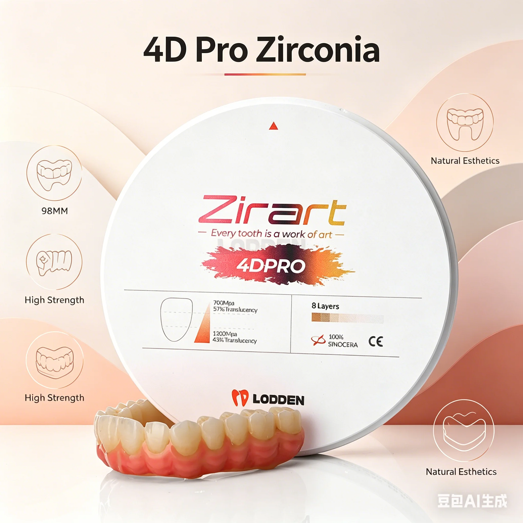 Bloque multicapa de circonio Lodden 4D PRO, 98mm x 10-25mm, A1, A2, A3, sistema abierto, disco de circonio multicapa para materiales dentales CAD CAM