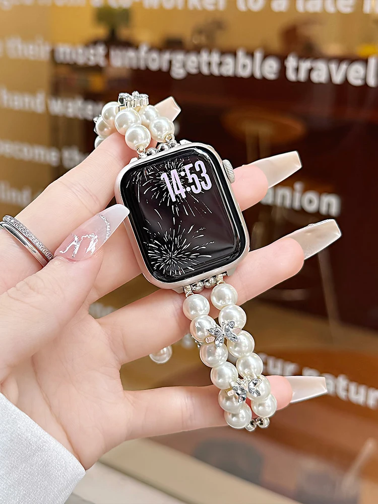 الفاخرة الماس الفرقة ل iWatch الترا 10 9 8 7 6 5 مرونة اللؤلؤ سوار للساعة أبل 38 40 مللي متر 41 مللي متر 42 45 مللي متر 46 مللي متر 49 مللي متر