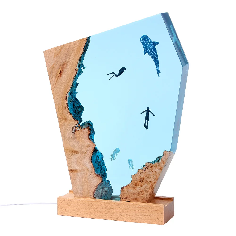 Lámpara de decoración de arte creactivo, luz de mesa de resina de organismo de aventura de los Fondos Marinos, cueva, ballena, buceo, tema, luz nocturna, carga USB