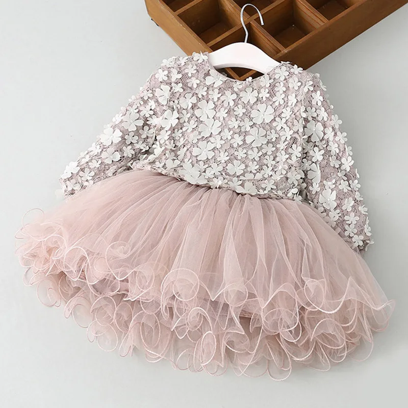 New Girls' Long Sleeve Dress Children's Clothing Elegant Princess Dress 3D Petal Puffy Mesh Dress Formal Dress Trendy