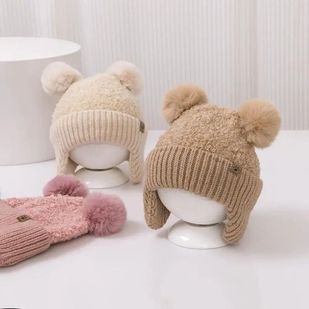 

Cute Double Hairball Baby Hat Warm Knitted Knit Cap Wind-proof Thicken Beanie Cap Boy