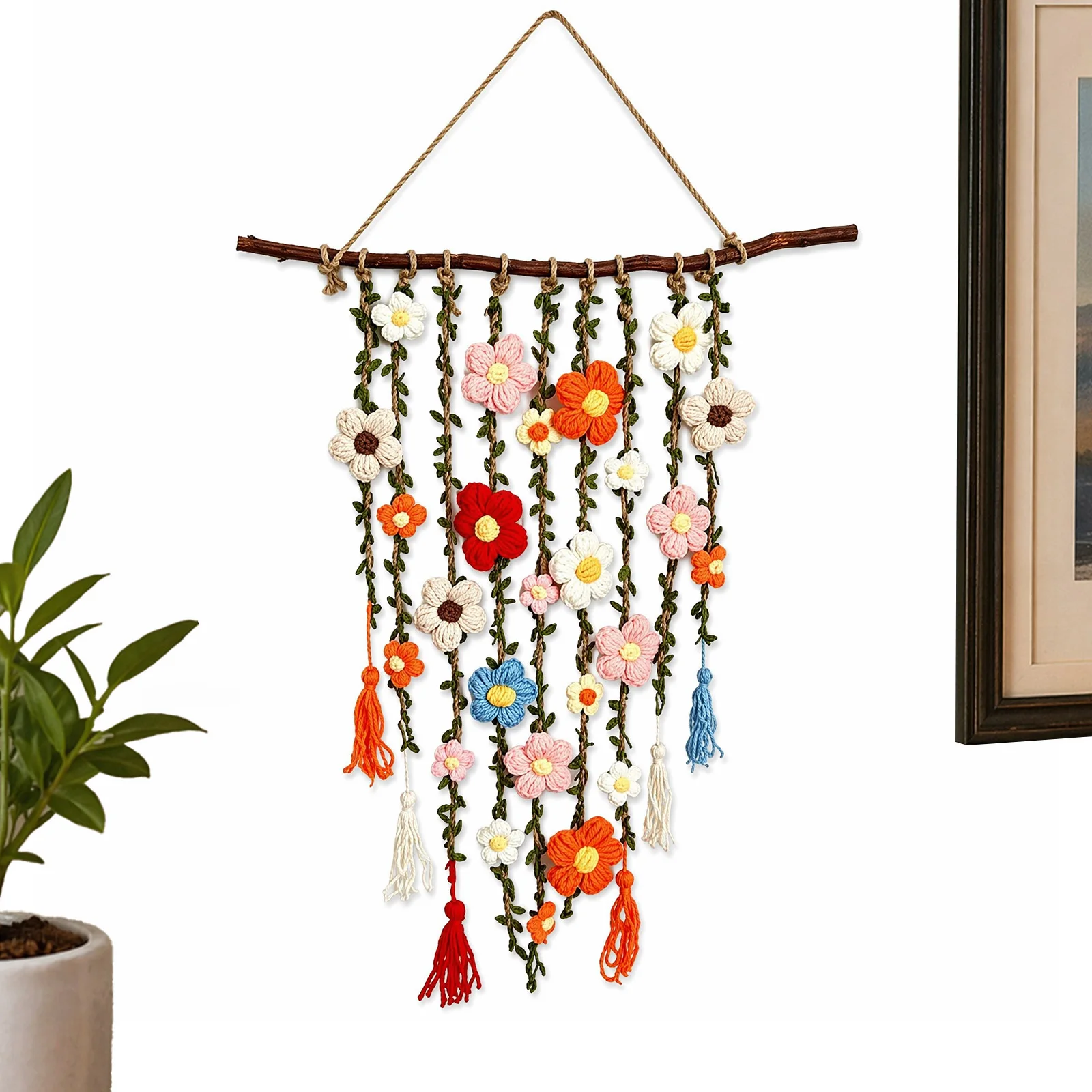 Handmade Garden Crochet Flower Tapestry Boho Woven Floral Wall Hanging Decor Bedroom Home Living Room Art