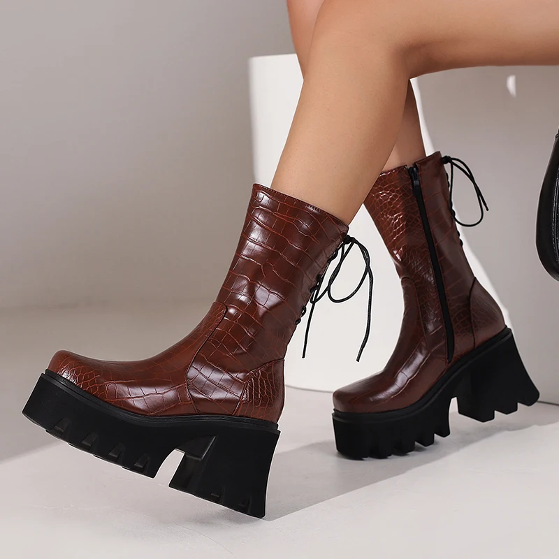 2024 new autumn winter women ankle boots plus size 22-28cm Plaid pattern Microfiber side zip back lace up platform modern boots