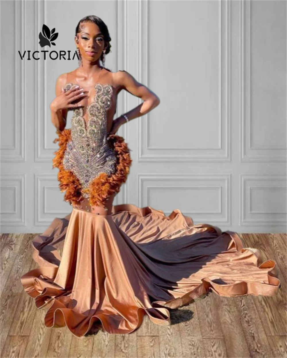 Brown Feathers Prom Dresses Beaded Rhinestones Long Mermaid Elegant Evening Party Dress For Black Girls robe soiree Customized